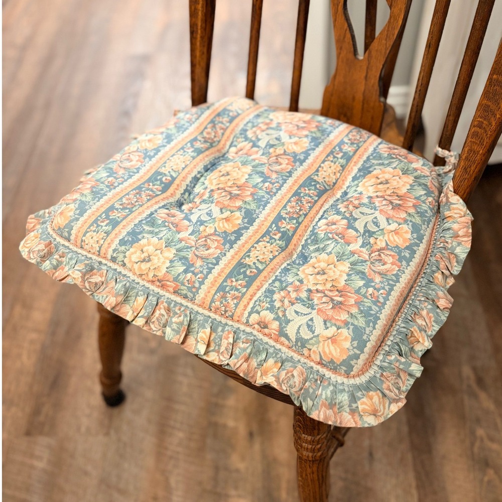 Vintage Floral Ruffle Chair Pad Blue Peach Cottagecore Tufted Seat Cushion Ties